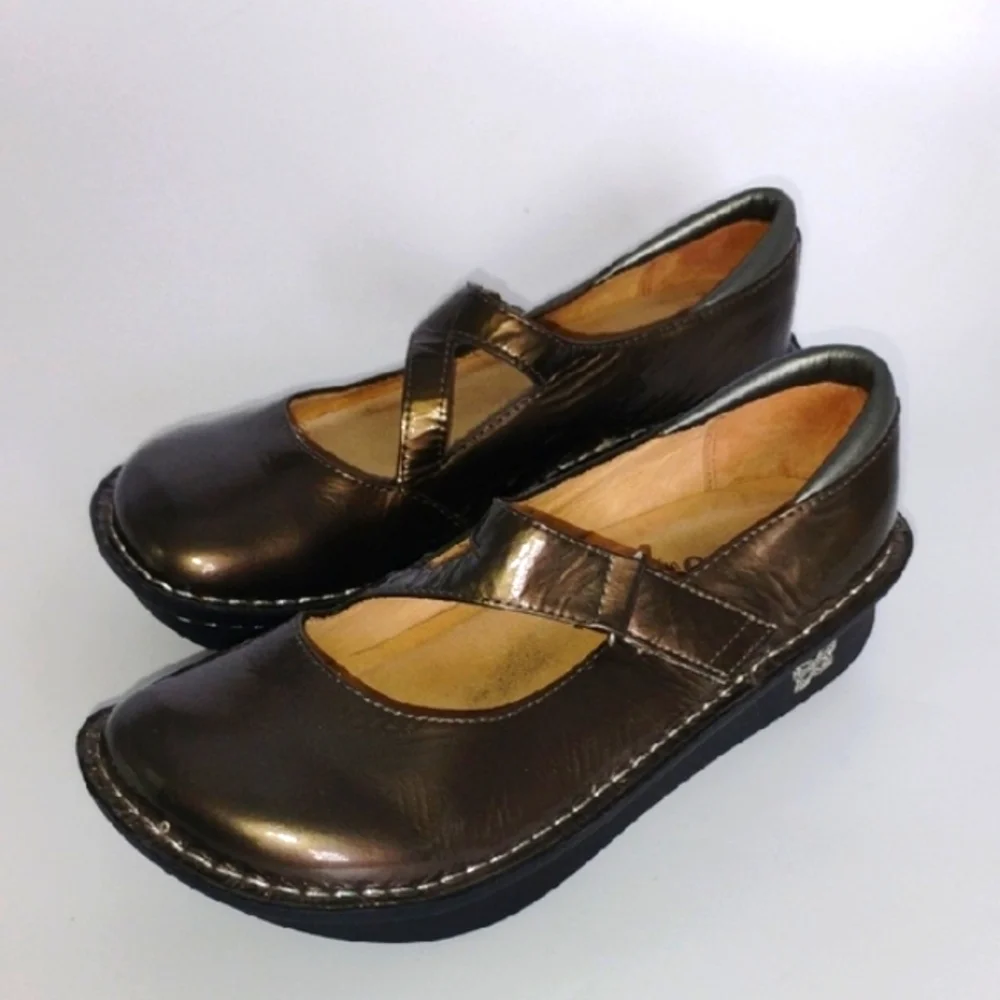 Alegria By PG Lite Metallic Mary Jane Shoes Moccasin Stitching Slip-On 37 - Picture 1 of 11